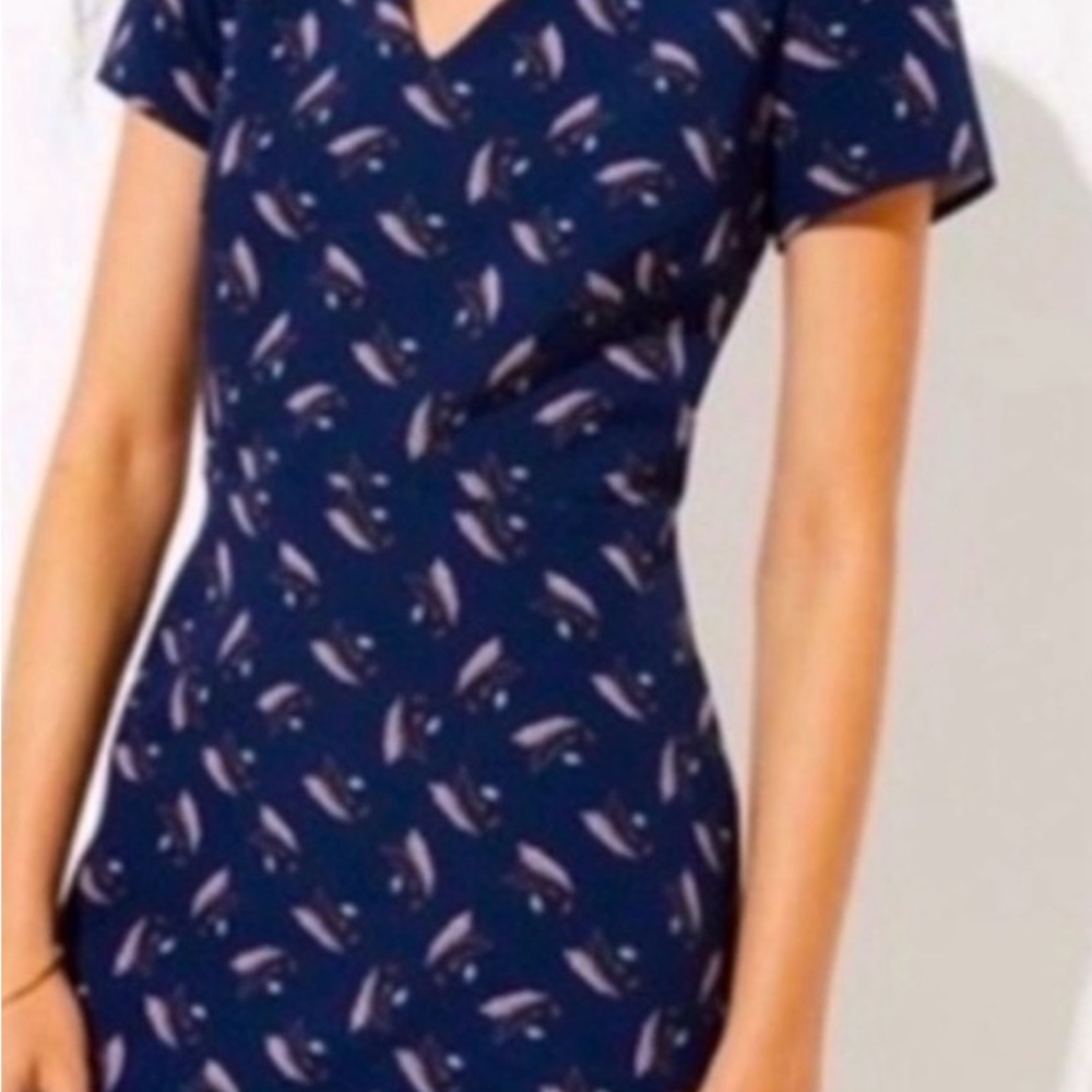 LOFT Navy Dress with Pink Feather Print